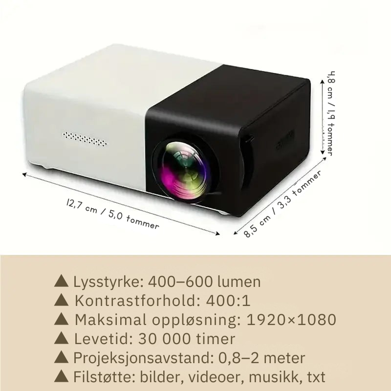 BrightBeam LED Miniprojektor – Bærbar og komplett med høyttaler