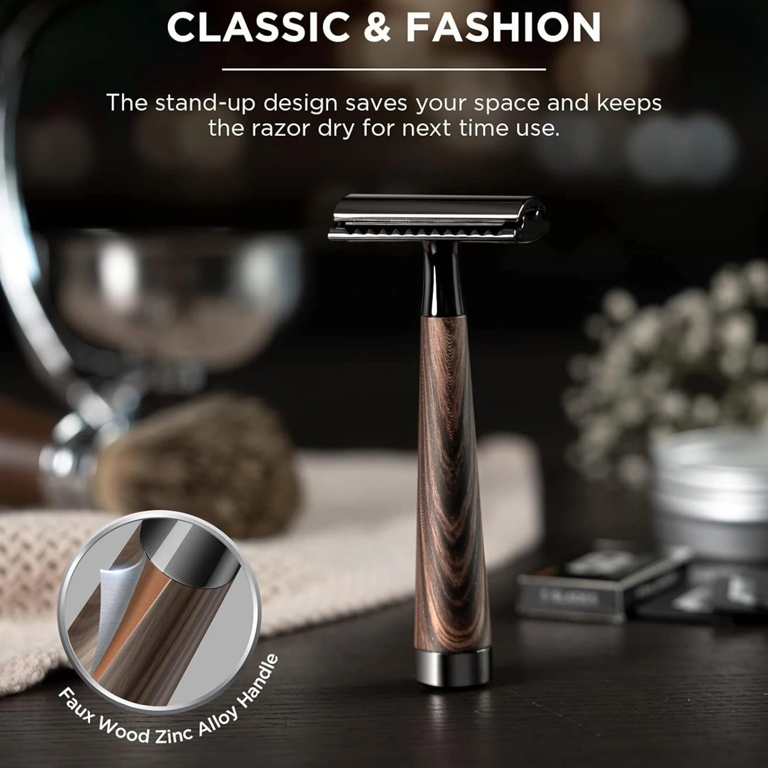 Dobbelkantet sikkerhetshøvel med imitert trehåndtak og 5 blader