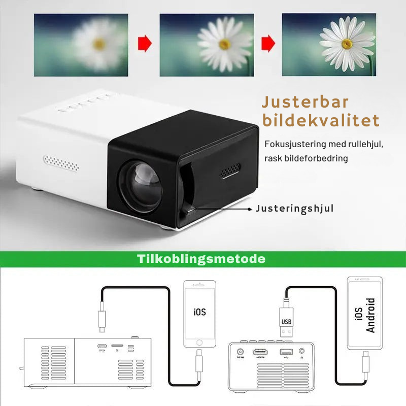 BrightBeam LED Miniprojektor – Bærbar og komplett med høyttaler