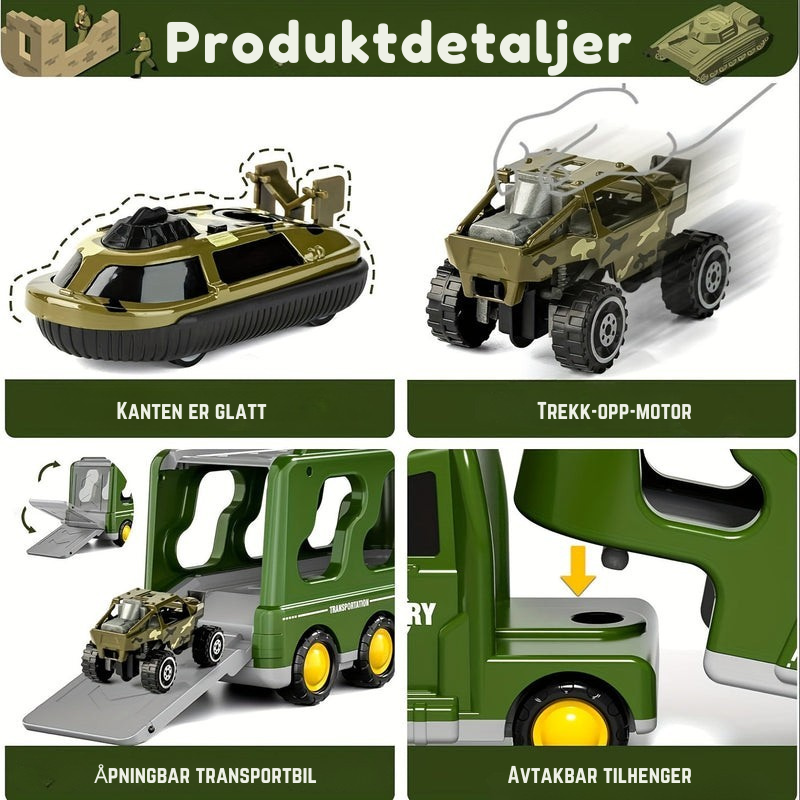 BattleHero 14-i-1 lekesett – Militærlastebil med stridsvogner og lydeffekter