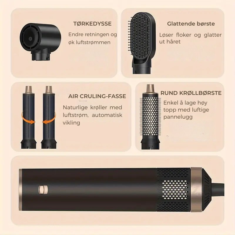 AugustaPro 5-i-1 Varmluftstyler – 800W Hårfønerbørste med Utskiftbart Tilbehør