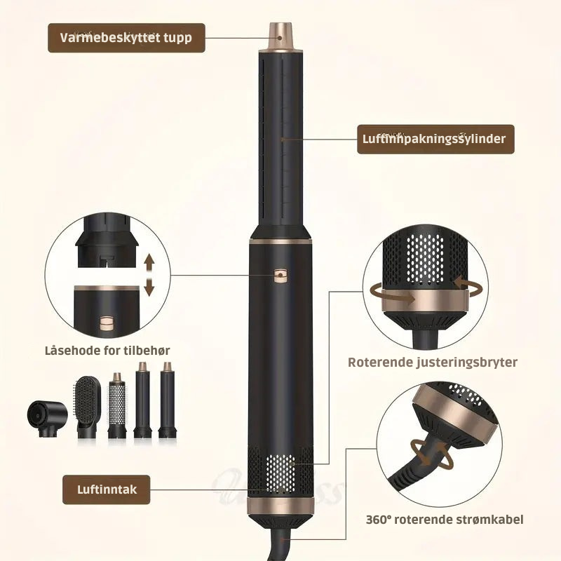 AugustaPro 5-i-1 Varmluftstyler – 800W Hårfønerbørste med Utskiftbart Tilbehør