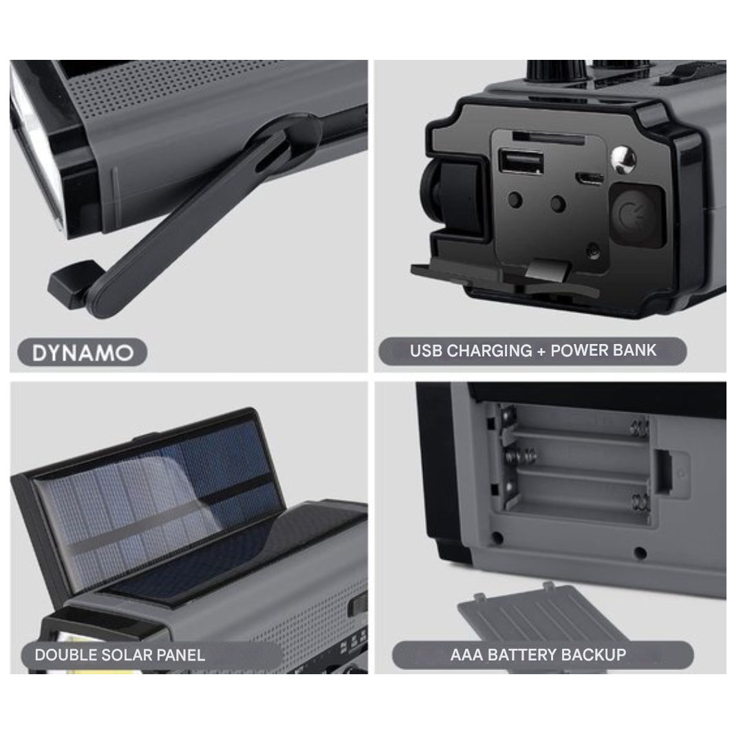 SafeWave – Nødradio med Solcellepanel, Powerbank og LED-lys for Nødsituasjoner og Utendørs bruk