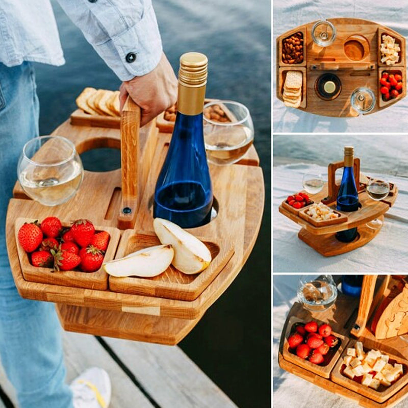 WineNest – Sammenleggbart Vinbord i tre med Glassholdere for Piknik og Hage