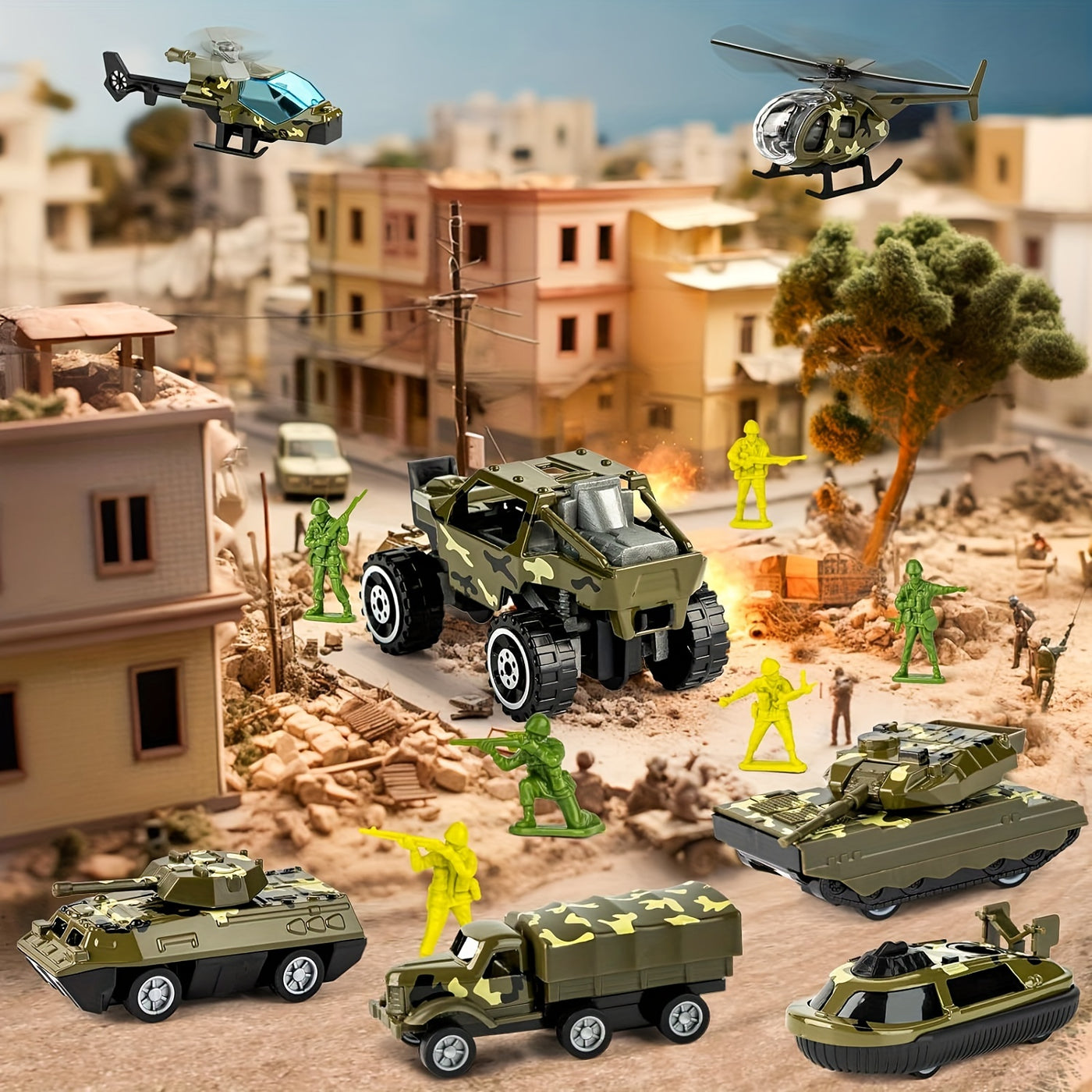 BattleHero 14-i-1 lekesett – Militærlastebil med stridsvogner og lydeffekter