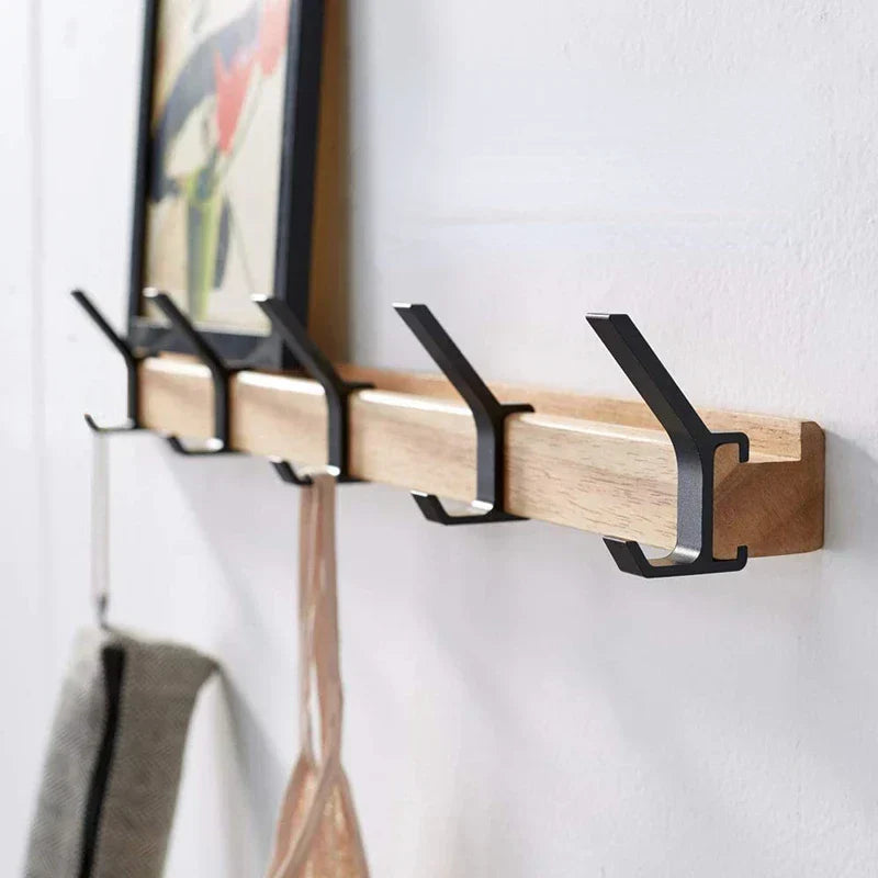 Nordisk veggkrok med bevegelige kroker – 40 x 7 x 7 cm, svart/gummitre