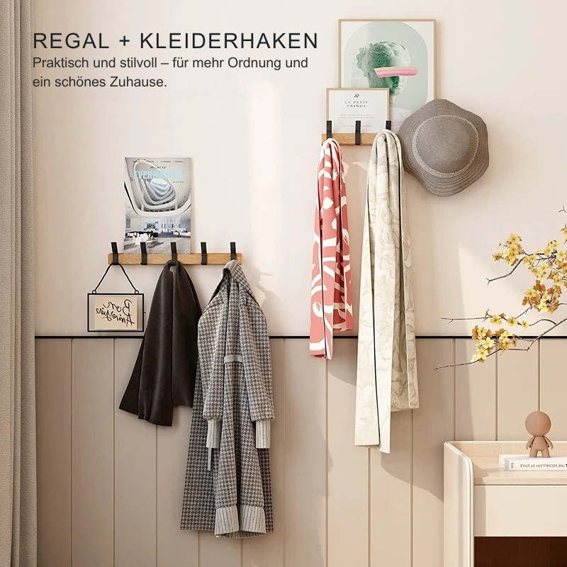 Nordisk veggkrok med bevegelige kroker – 40 x 7 x 7 cm, svart/gummitre