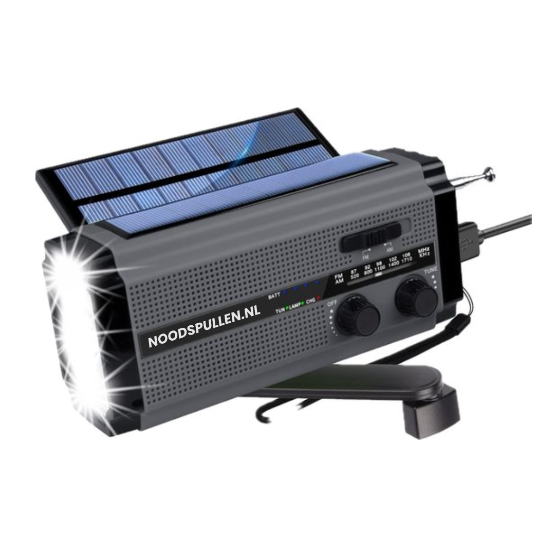 SafeWave – Nødradio med Solcellepanel, Powerbank og LED-lys for Nødsituasjoner og Utendørs bruk